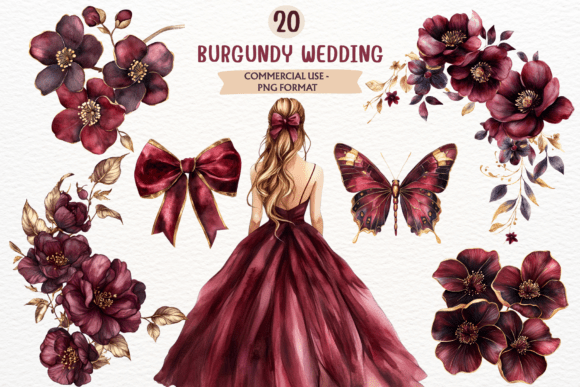 Elevate Your Designs with Watercolor Burgundy Wedding Clipart PNG