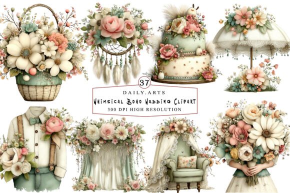 Whimsical Boho Wedding Clipart: 37 Designs for Creative Projects