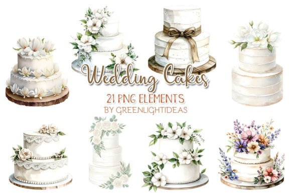 White Wedding Cakes Clipart: Elegant Bakery PNG Set for Designers