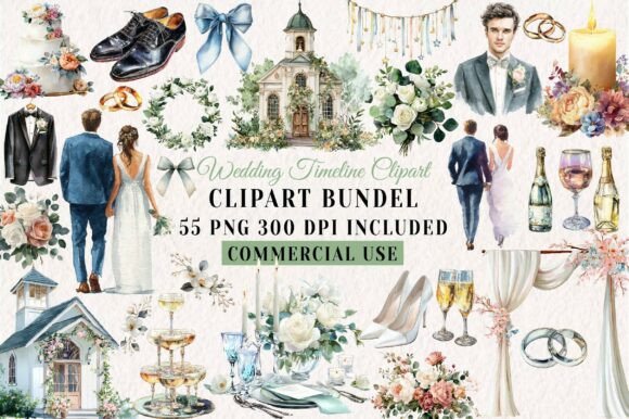 White Wedding, Wedding Timeline Clipart: Design Assets for Your Big Day